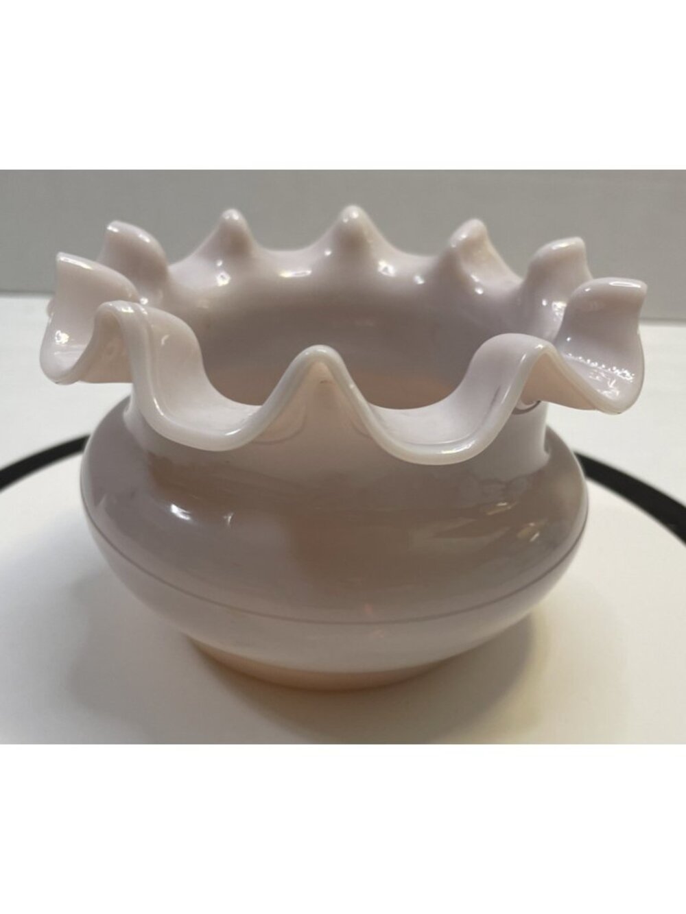 Antique Opaque Slag Glass Bowl Ruffled Crimped Edge Very Light Violet Pink - EUC